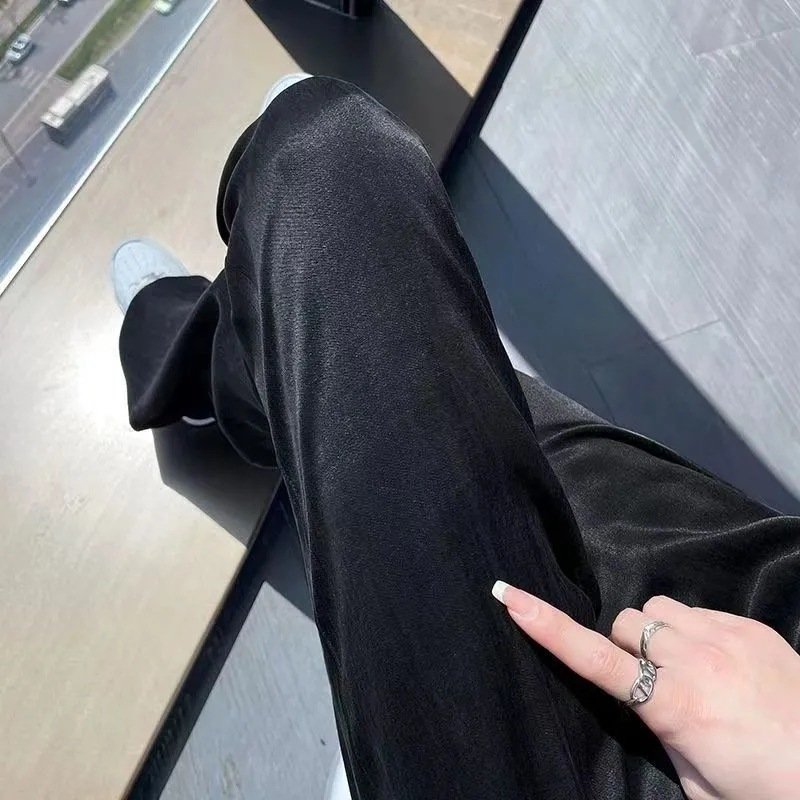 レディース パンツ 無地 ワイド 夏 秋冬 カジュアル 秋 シンプル 冬 ロング ストレート 薄手 カーキ ドレープ サテン ハイウエスト ポリエステル