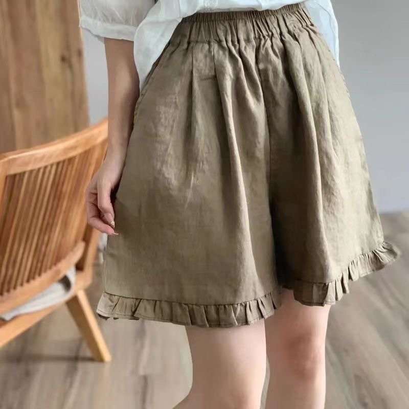 レディース パンツ 無地 ワイド コットン 綿 麻 春夏 カジュアル レトロ 春 ショート 夏 ショートパンツ シンプル フリル リボン ワイドパンツ 切り替えデザイン ポリエステル