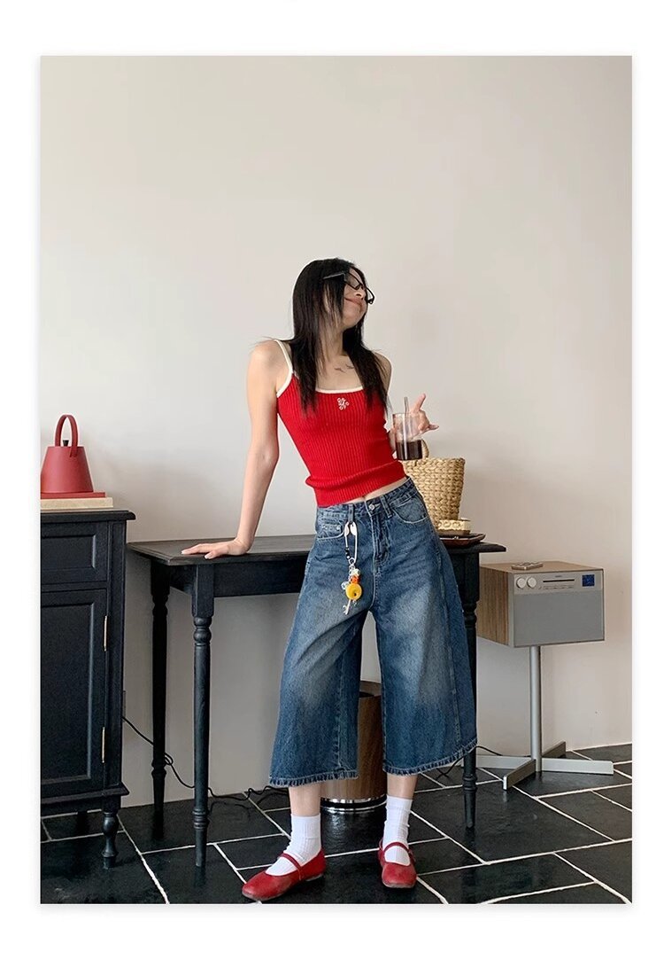 レディース パンツ ゆったり スリム コットン 綿 デニム 春夏 カジュアル アメリカン 春 夏 ストレート 切り替えデザイン デニムパンツ ハイウエスト ヴィンテージ ポリエステル