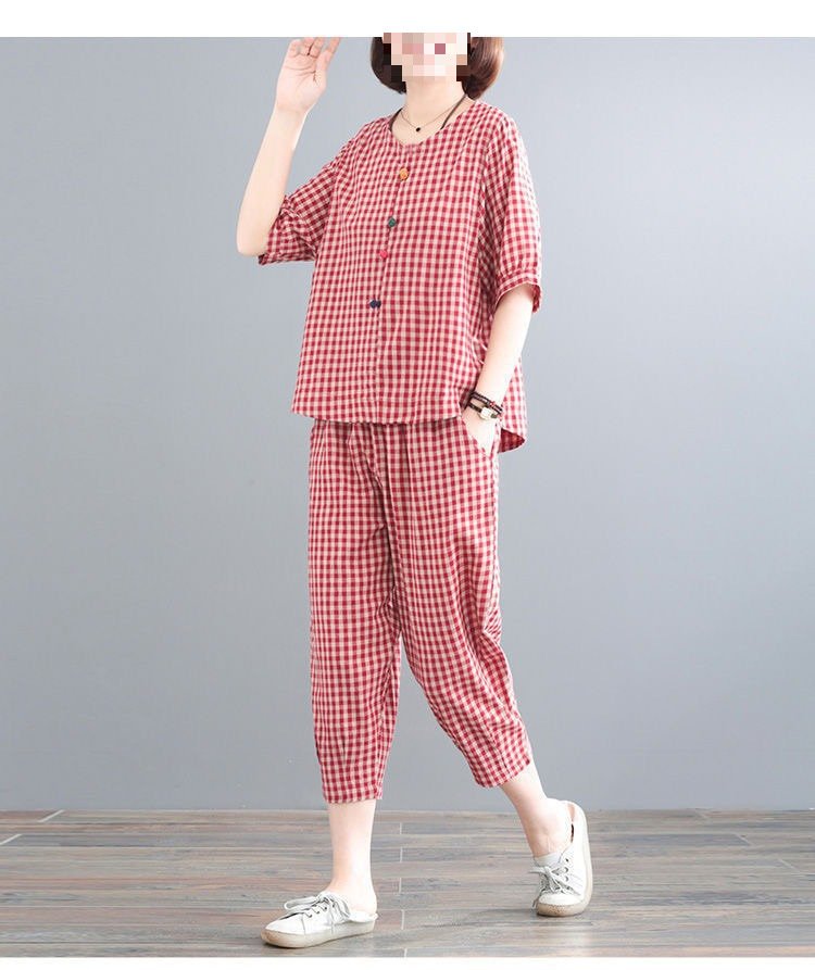 レディース パンツ チェック柄 コットン 綿 春夏 カジュアル レトロ 大きいサイズ ボトムス 春 夏 ブラック ミモレ パフスリーブ 9分丈 レッド スーツ ポリエステル