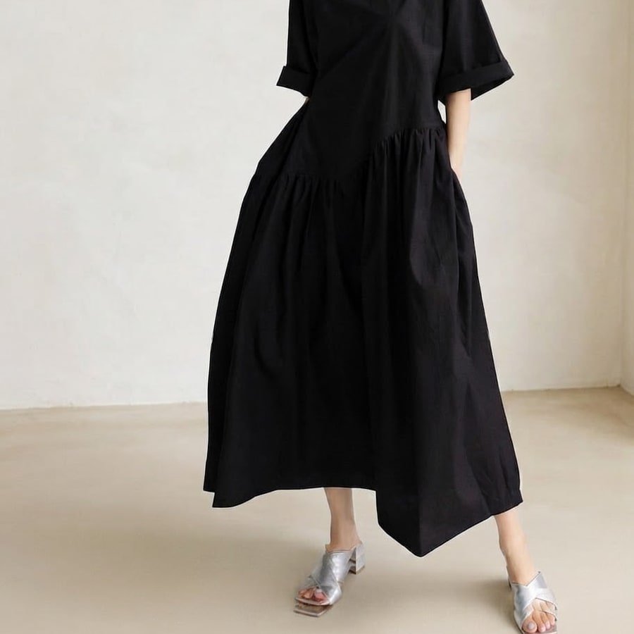 ワンピース 長袖 無地 春夏 カジュアル きれいめ 春 夏 ラウンドネック シンプル ロング 上品 大きい 切り替えデザイン