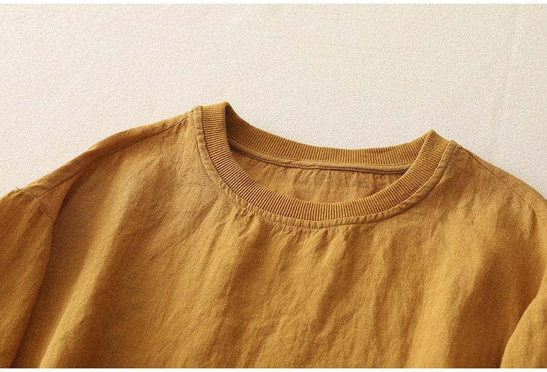 レディース トップス Tシャツ 半袖 無地 ゆったり 春夏 カジュアル レトロ 春 夏 ラウンドネック シンプル シャツ 切り替えデザイン プルオーバー リブ レギュラー ポリエステル