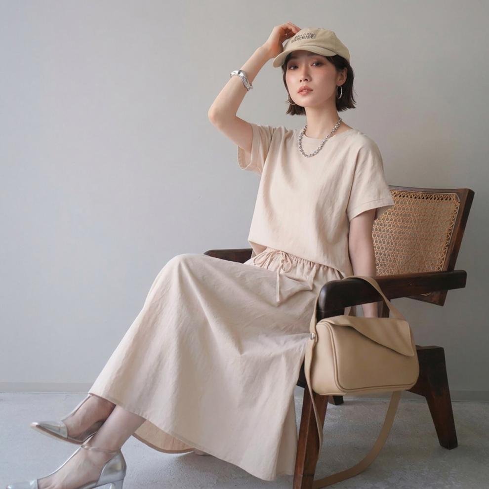 レディース トップス スカート 無地 ゆったり コットン 綿 リネン 春夏 体型カバー 春 フレア 夏 ラウンドネック ロング 切り替えデザイン プルオーバー ロングスカート