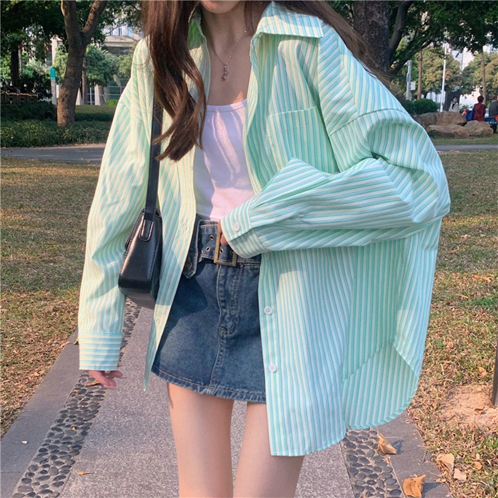 レディース シャツ ジャケット 長袖 ボーダー ストライプ ゆったり スリム 春夏 カジュアル 前開き 春 夏 都会的 グリーン ポリエステル UVカット