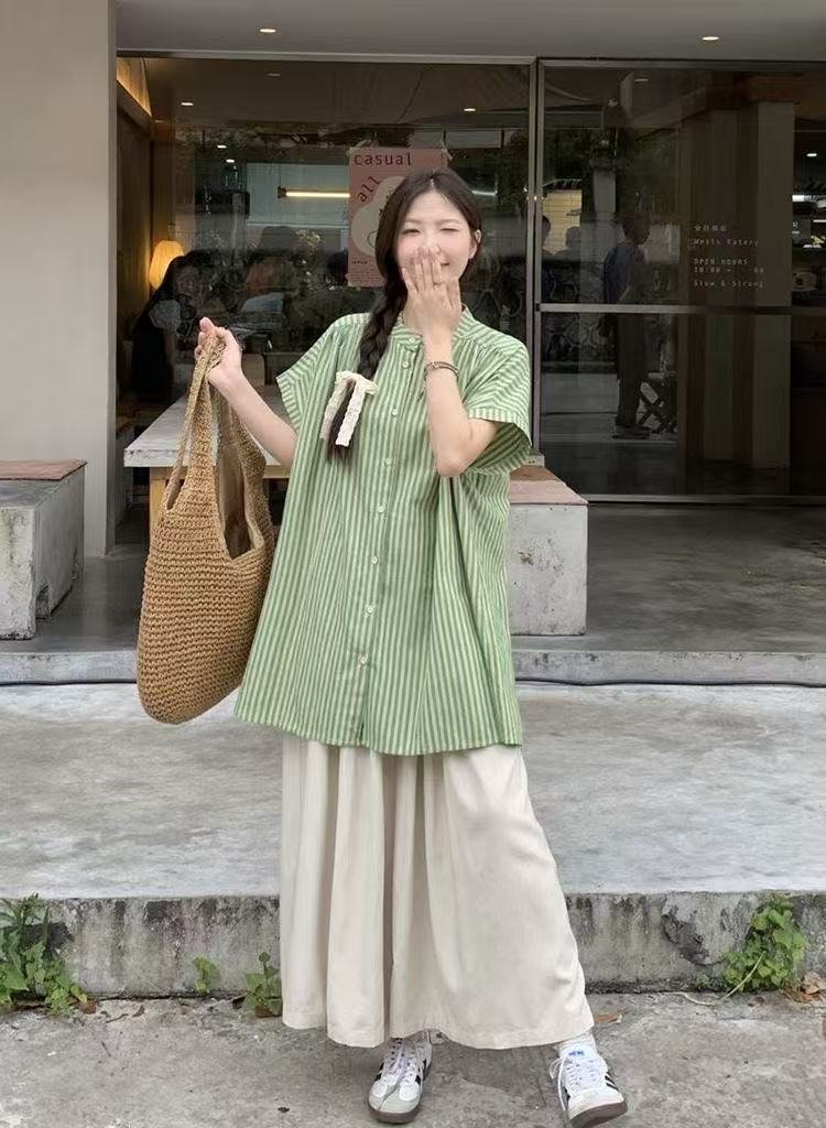 レディース シャツ トップス パンツ ボーダー ストライプ 無地 ゆったり 春夏 カジュアル きれいめ レトロ 前開き ミニ 春 夏 シンプル 上品 ロング 切り替えデザイン スーツ フェミニン タイ アプリコット セットアップ グリーン ポリエステル