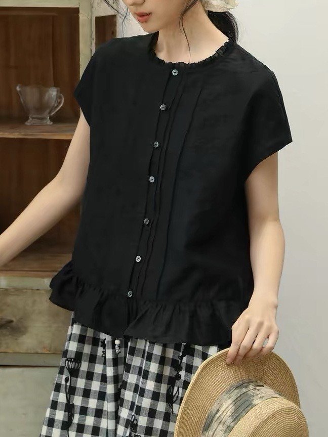 シャツ 半袖 ボーダー ストライプ 無地 ゆったり 麻 春夏 きれいめ 通勤 オフィス 体型カバー 前開き 春 夏 シンプル フリル 切り替えデザイン ラグラン レギュラー ボタン