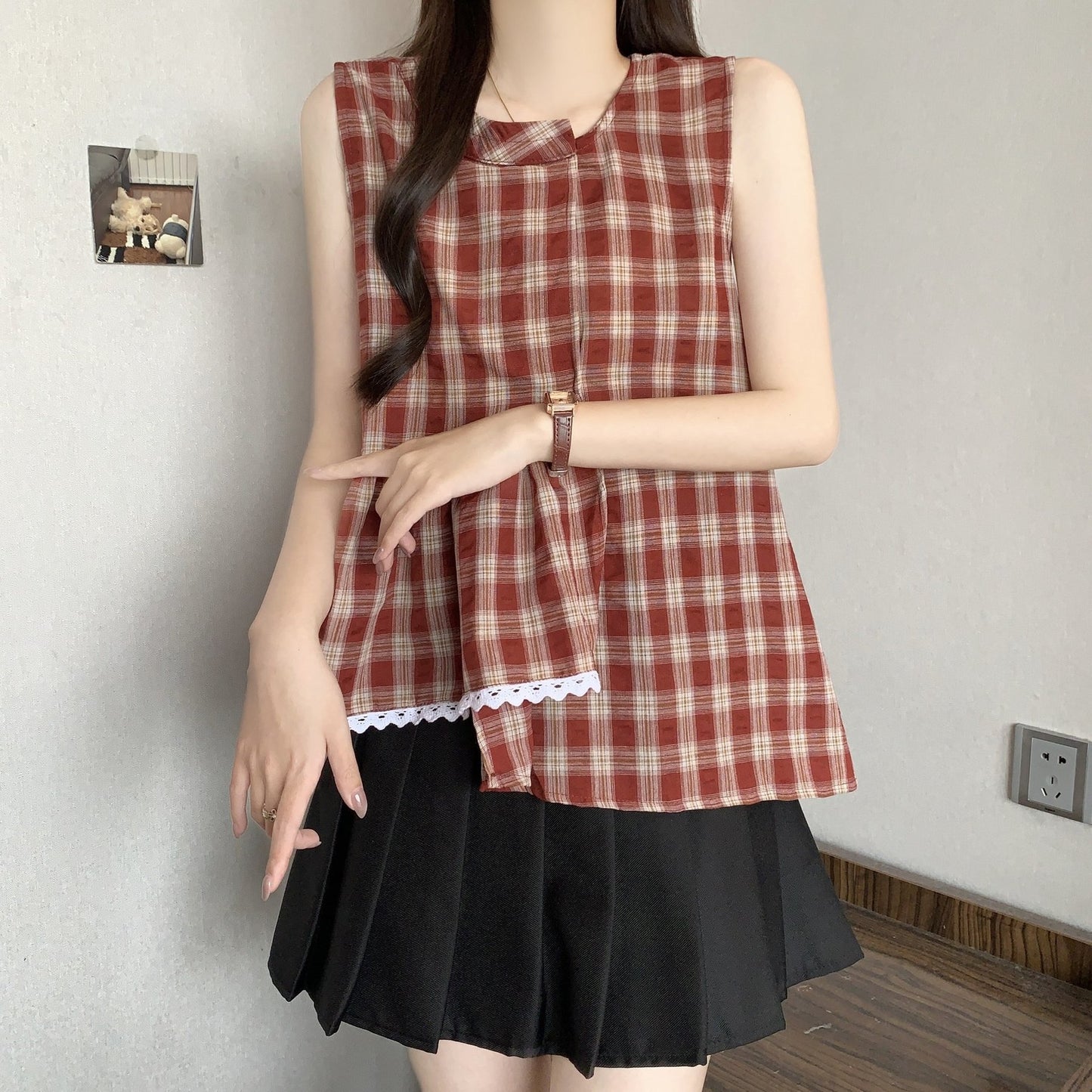 レディース シャツ チェック柄 春夏 きれいめ 大きいサイズ 前開き 春 夏 レース 上品 フリル Aライン レギュラー ポリエステル