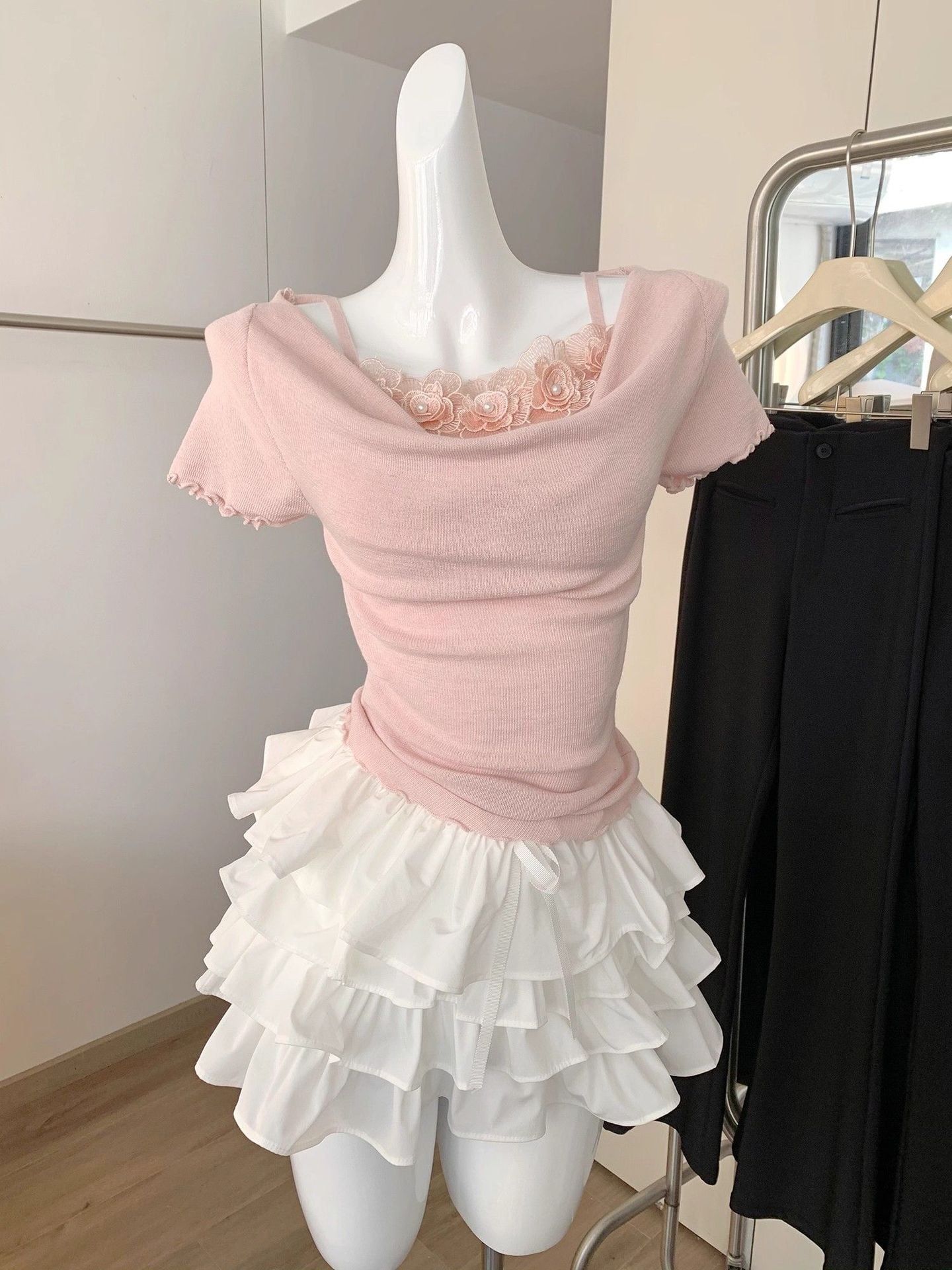 レディース スカート ショートスカート ミニスカート レーススカート 膝上 Aライン ふっくら 伸縮性 かわいい