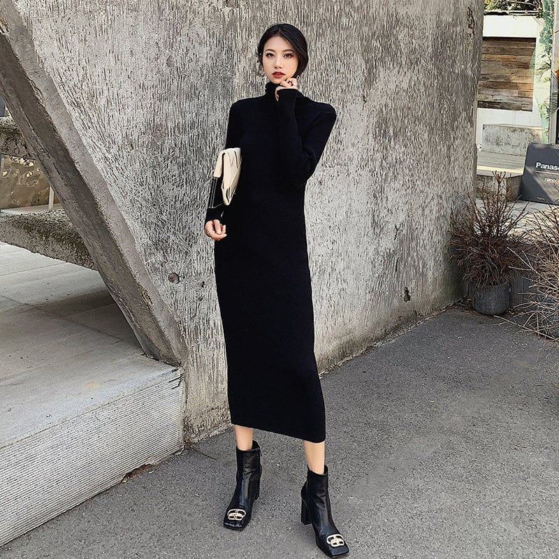 レディース ワンピース ニットワンピ マキシ タートルネック リブニット リブニット モス