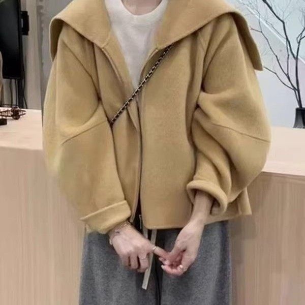 レディース コート アウター 上着 長袖 ラウンドネック フード ワイド ふっくら ファスナー スウェット シンプル カジュアル 無地 秋 冬 アースカラー